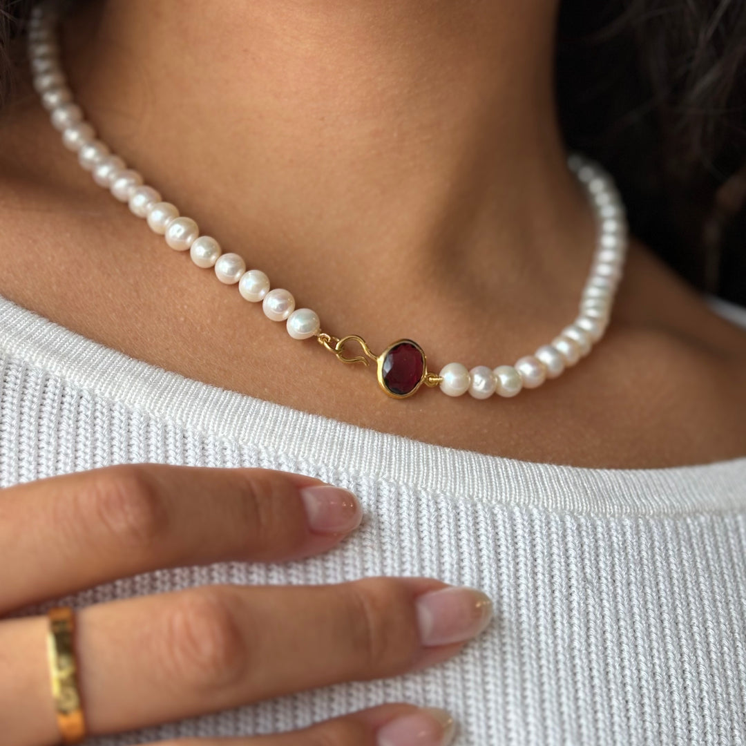 Large Pearl Beaded Necklace Garnet